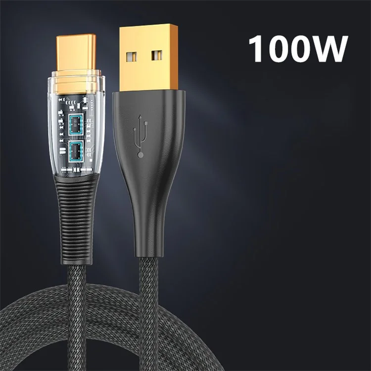 2m Clear Design USB to Type C Charging Cord 100W Fast Charge Nylon Braided 480Mbps Data Sync Cable - Black