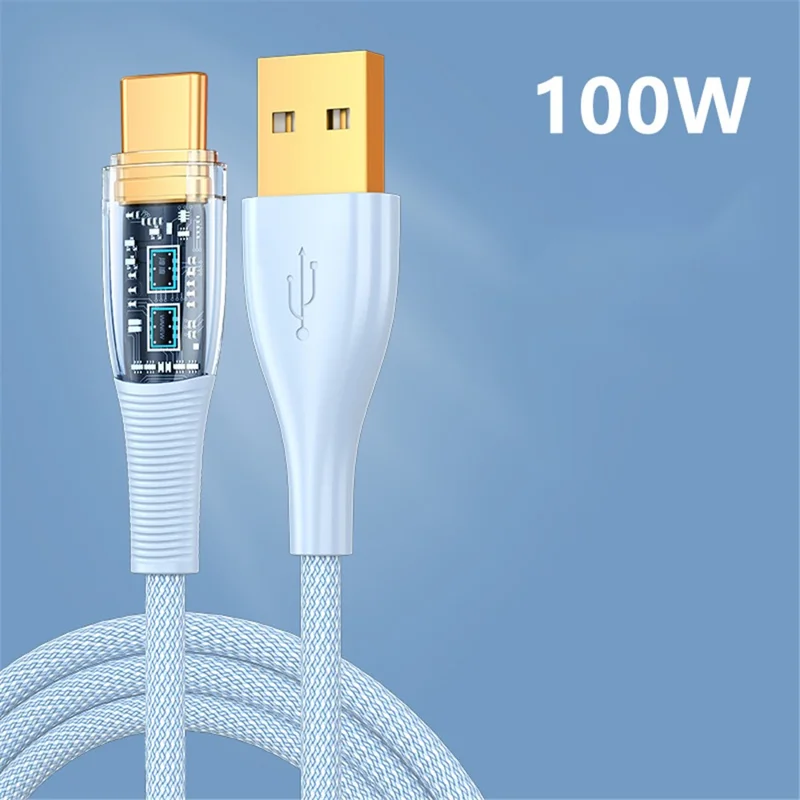 2m Clear Design USB to Type C Charging Cord 100W Fast Charge Nylon Braided 480Mbps Data Sync Cable - Blue