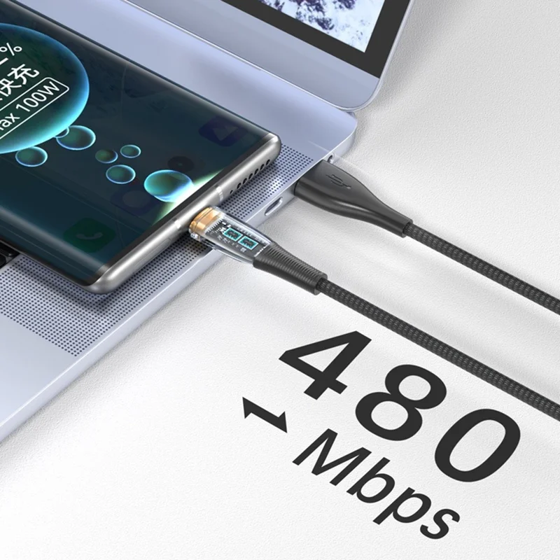 2m Clear Design USB to Type C Charging Cord 100W Fast Charge Nylon Braided 480Mbps Data Sync Cable - Blue