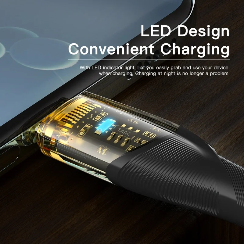 ESSAGER 2m USB-C Charging Cable 100W Fast Charge LED Light Transparent Type-C 480Mbps Date Transfer Braided Cord