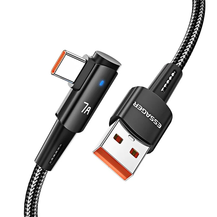 ESSAGER 1m Elbow Design USB to Type-C 7A Fast Charging Cable Braided Cell Phone Charge Line Data Transmission Cord - Black