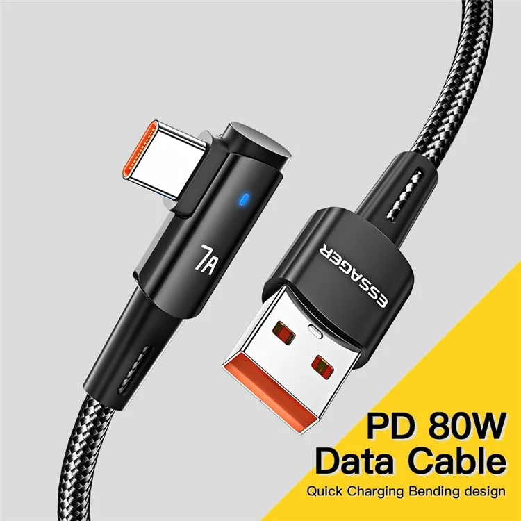 ESSAGER 1m Elbow Design USB to Type-C 7A Fast Charging Cable Braided Cell Phone Charge Line Data Transmission Cord - Black