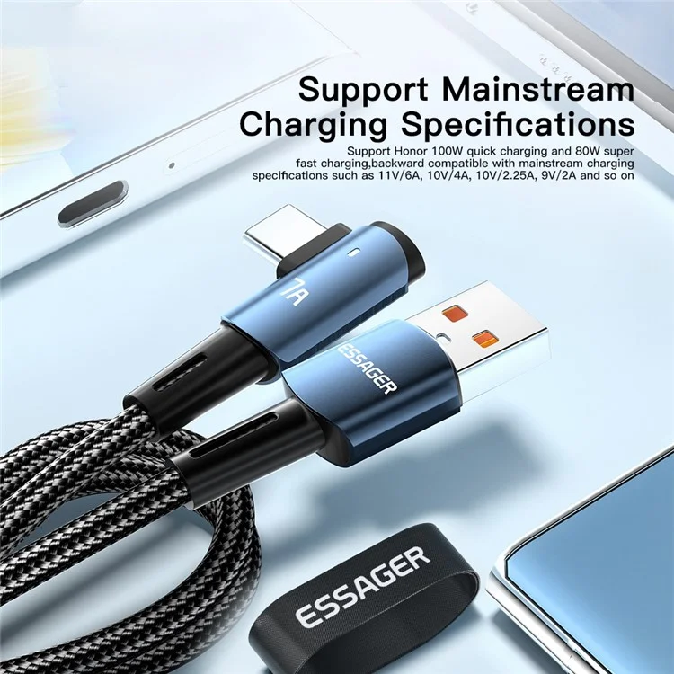 ESSAGER 1m Elbow Design USB to Type-C 7A Fast Charging Cable Braided Cell Phone Charge Line Data Transmission Cord - Black