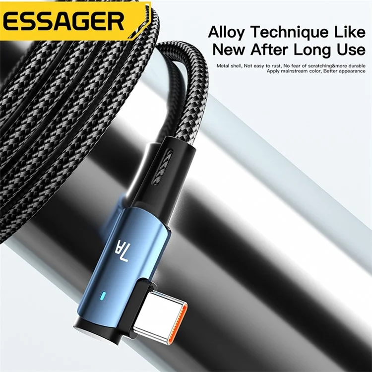 ESSAGER 1m Elbow Design USB to Type-C 7A Fast Charging Cable Braided Cell Phone Charge Line Data Transmission Cord - Black