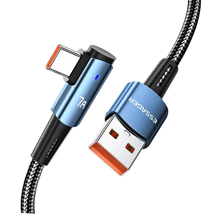 ESSAGER 2m USB to Type-C Cord Support 7A Fast Charging Elbow Design Braided 480Mbps Data Transmission Cable - Blue