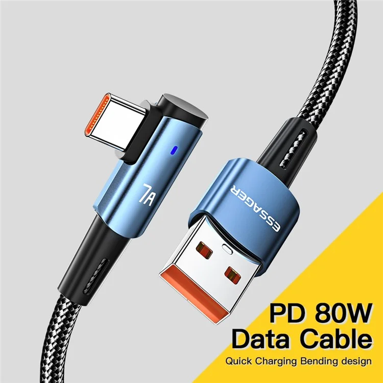 ESSAGER 2m USB to Type-C Cord Support 7A Fast Charging Elbow Design Braided 480Mbps Data Transmission Cable - Blue