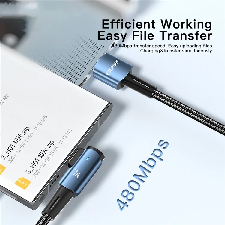 ESSAGER 3m Super Long USB to Type-C Charging Cord 7A Fast Charge Elbow Design Braided 480Mbps Data Transfer Cable
