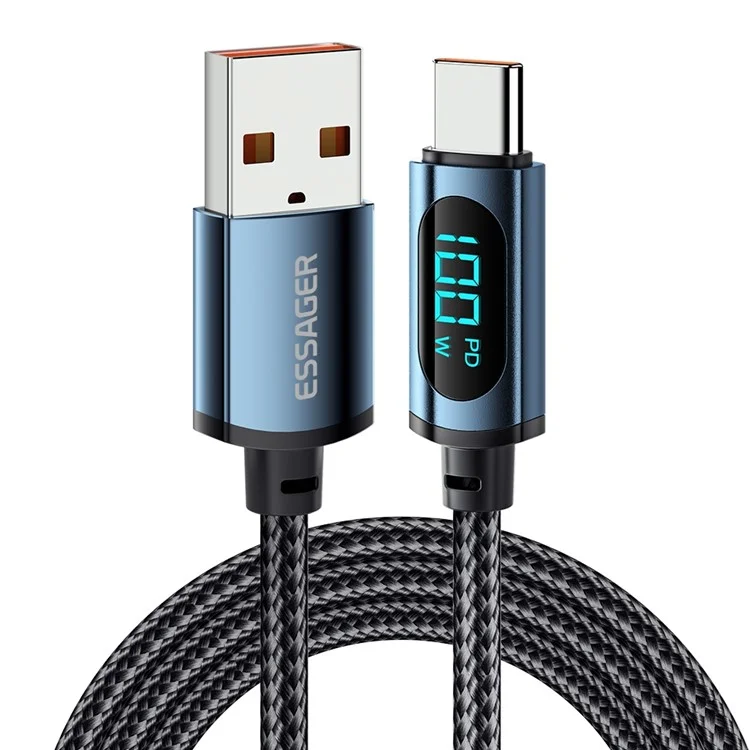 ESSAGER 2m 100W USB to Type-C Fast Charging Data Cable Digital Display Braided Cord - Blue