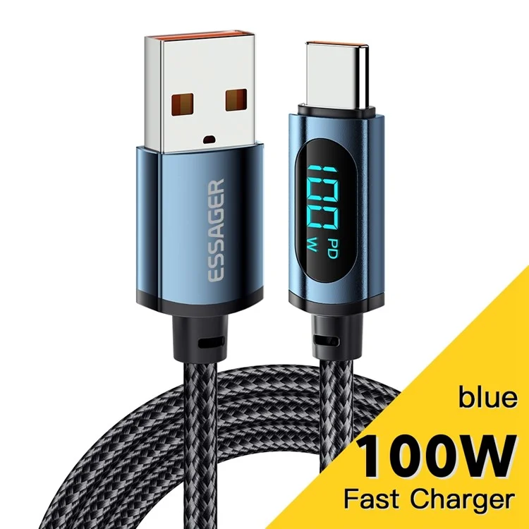 ESSAGER 2m 100W USB to Type-C Fast Charging Data Cable Digital Display Braided Cord - Blue
