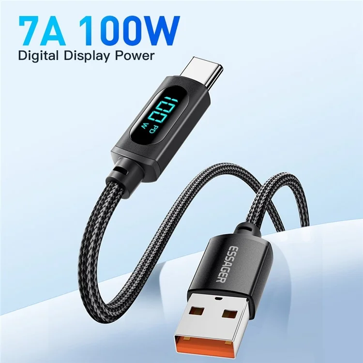 ESSAGER 2m 100W USB to Type-C Fast Charging Data Cable Digital Display Braided Cord - Blue