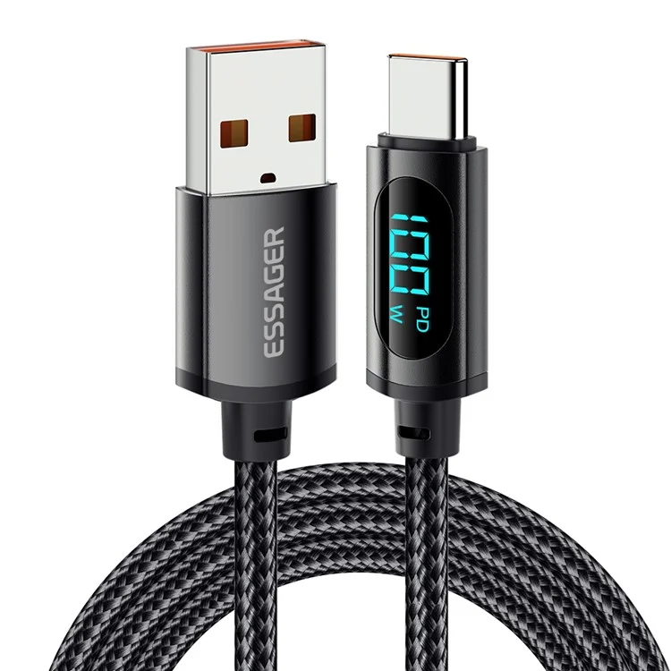 ESSAGER 1m 100W USB to Type-C 7A Fast Charging Braided Cable Digital Display Data Cord - Black