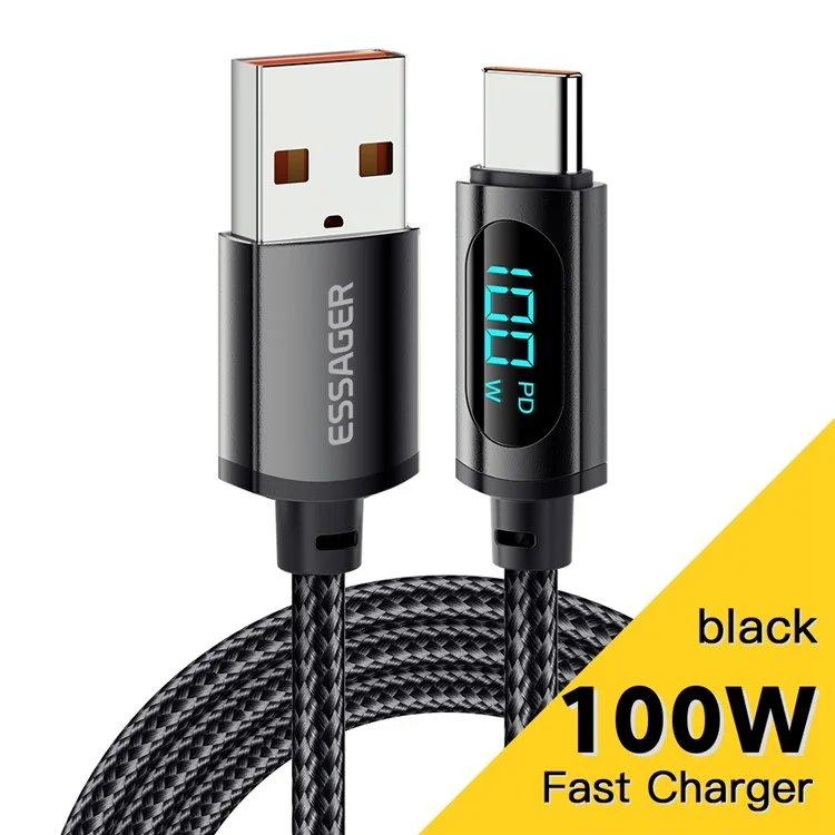 ESSAGER 1m 100W USB to Type-C 7A Fast Charging Braided Cable Digital Display Data Cord - Black