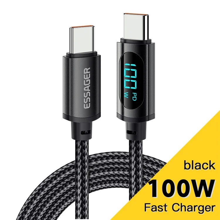 ESSAGER 1m PD 100W Type-C to Type-C Fast Charging Braided Cable Digital Display Data Transfer Cord - Black