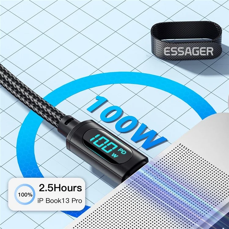 ESSAGER 1m PD 100W Type-C to Type-C Fast Charging Braided Cable Digital Display Data Transfer Cord - Black