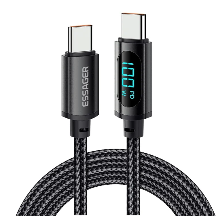 ESSAGER 2m PD 100W Type-C to Type-C Digital Display Braided Data Cord Fast Charging Cable - Black