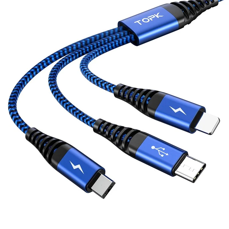 Topk An24 1m 3 en 1 Type-c / Éclair / Cordon de Données de Câble de Charge Rapide Tressé de Micro Nylon 3A - Bleu