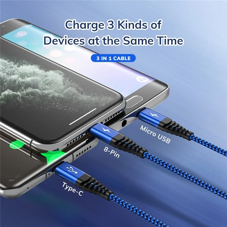 Topk An24 1m 3 en 1 Type-c / Éclair / Cordon de Données de Câble de Charge Rapide Tressé de Micro Nylon 3A - Bleu