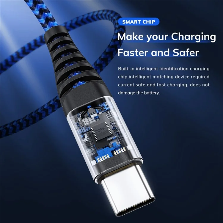 Topk An24 1m 3 en 1 Type-c / Éclair / Cordon de Données de Câble de Charge Rapide Tressé de Micro Nylon 3A - Bleu