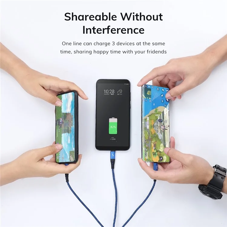 Topk An24 1m 3 en 1 Type-c / Éclair / Cordon de Données de Câble de Charge Rapide Tressé de Micro Nylon 3A - Bleu