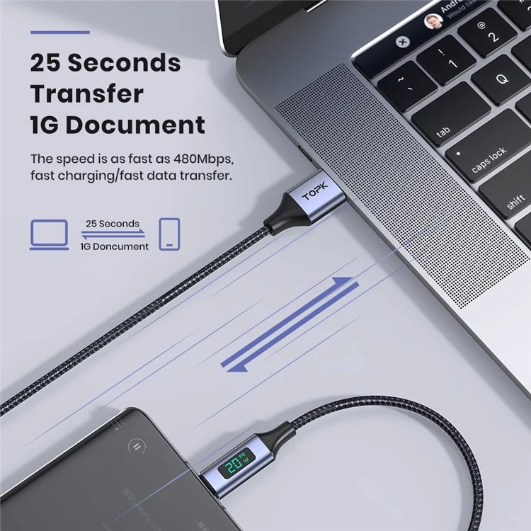 TOPK AN50 3A Câble de Charge Rapide Affichage Intelligent Affichage USB Vers le Cordon de Données Tressé en Nylon de Type c