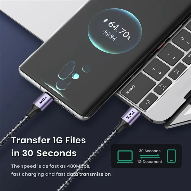 TOPK AC10-PD-PD 0,5 m 60W Type-c to Type-c Corde de Donnée Intégrée Intelligent PD Câble Tressé en Nylon de Charge Rapide