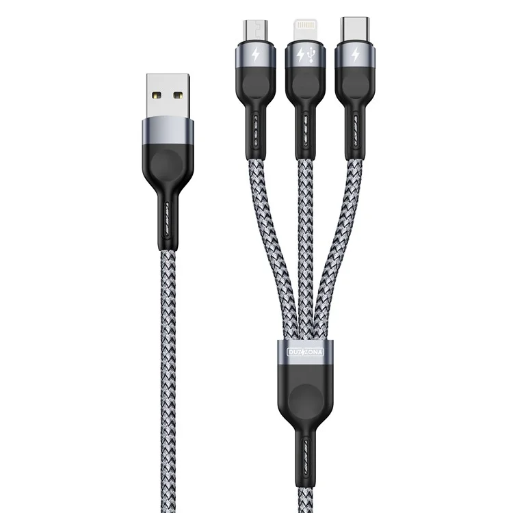 DUZZONA A3 3-In-1 3.5A Charging Nylon Braided USB Cable Data Transfer Wire for Android iOS (CE / FCC / UKCA / ROHS Certificate)