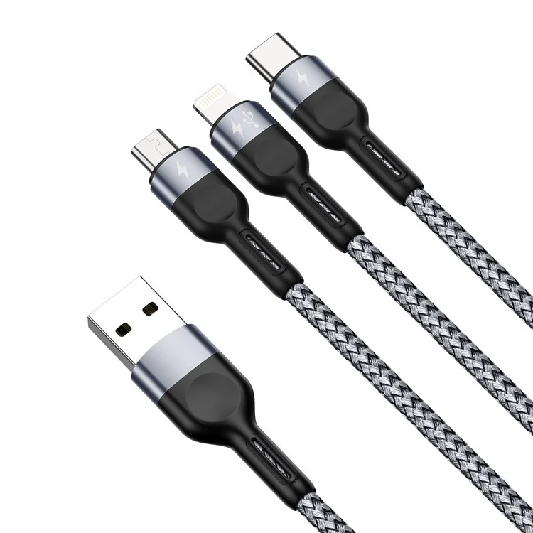DUZZONA A3 3-In-1 3.5A Charging Nylon Braided USB Cable Data Transfer Wire for Android 8-Pin (CE / FCC / UKCA / ROHS Certificate)
