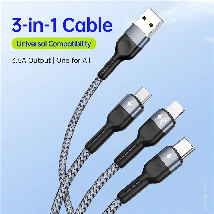 DUZZONA A3 3-In-1 3.5A Charging Nylon Braided USB Cable Data Transfer Wire for Android 8-Pin (CE / FCC / UKCA / ROHS Certificate)