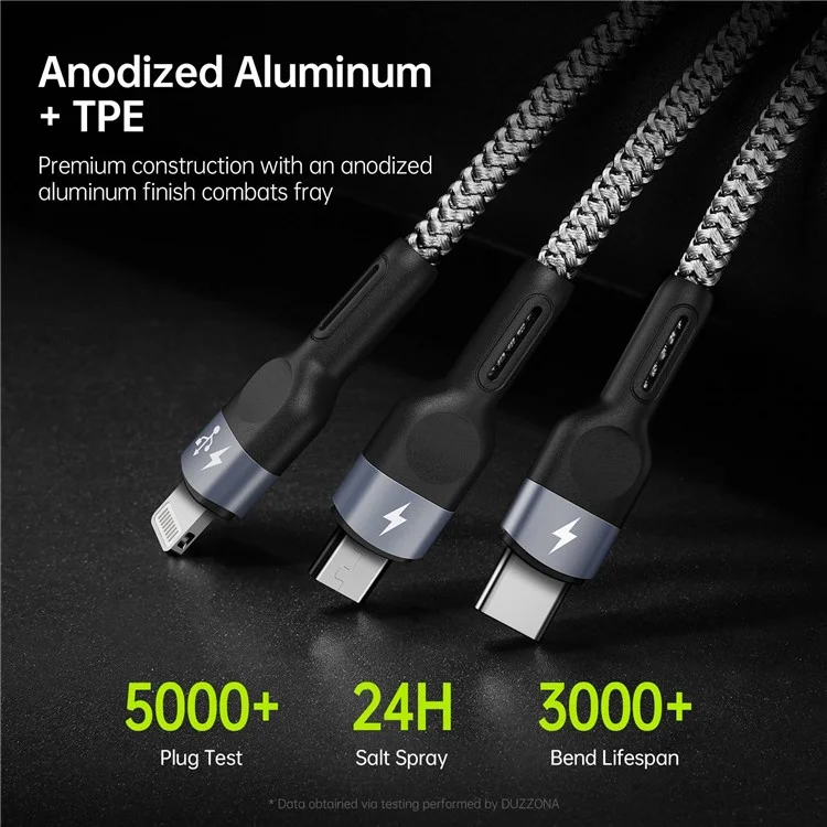 DUZZONA A3 3-In-1 3.5A Charging Nylon Braided USB Cable Data Transfer Wire for Android iOS (CE / FCC / UKCA / ROHS Certificate)