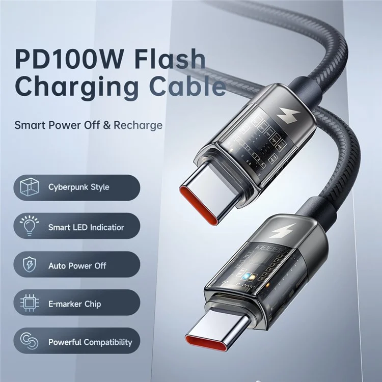 MCDODO CA-2841 для iPhone 15 Series 1.8m Type-C to Type-C PD 100W Fast Charging Auto Power Off Transparent Data Cable, Black