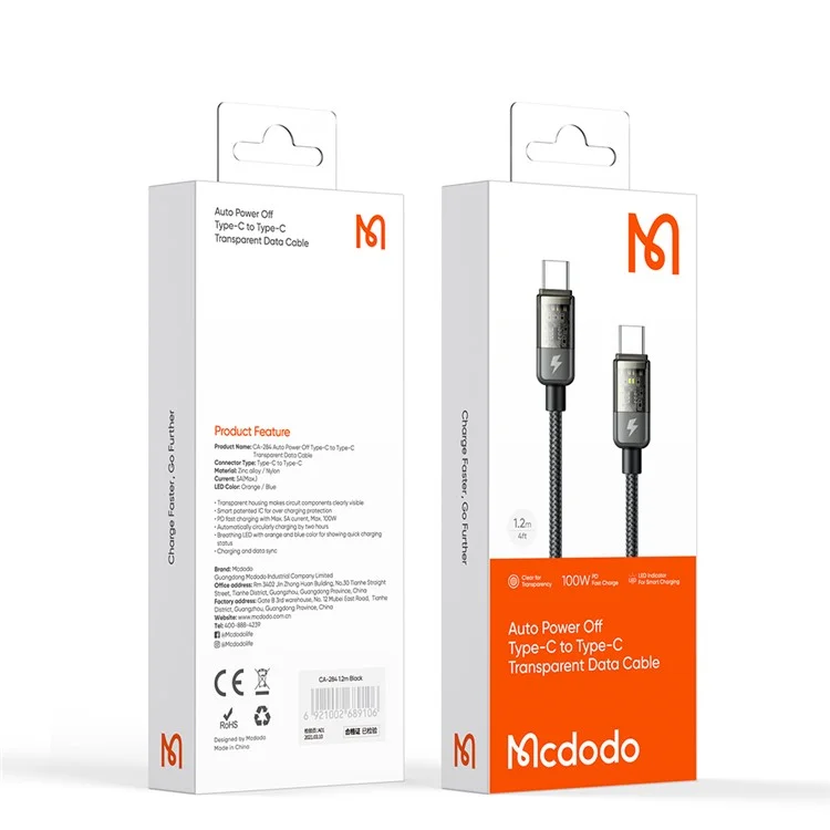 MCDODO CA-2840 1,8m de Type c à Type-C PD 100W Fast Charging Auto Off Off Transparent Data Cable, Noir