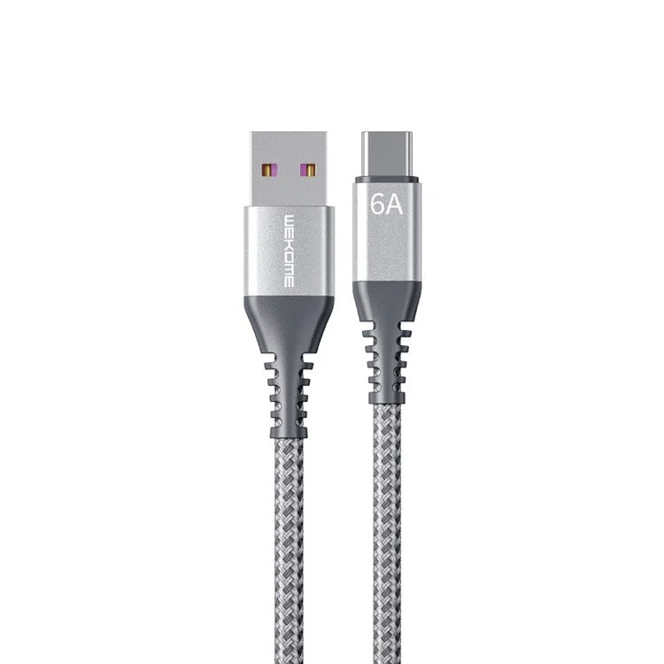 WEKOME Raython Series WDC-169 1m 6A Super Carregamento Cabo de Dados USB para Tipo-C 480Mbps Transmissão de Dados Cordão - Prata