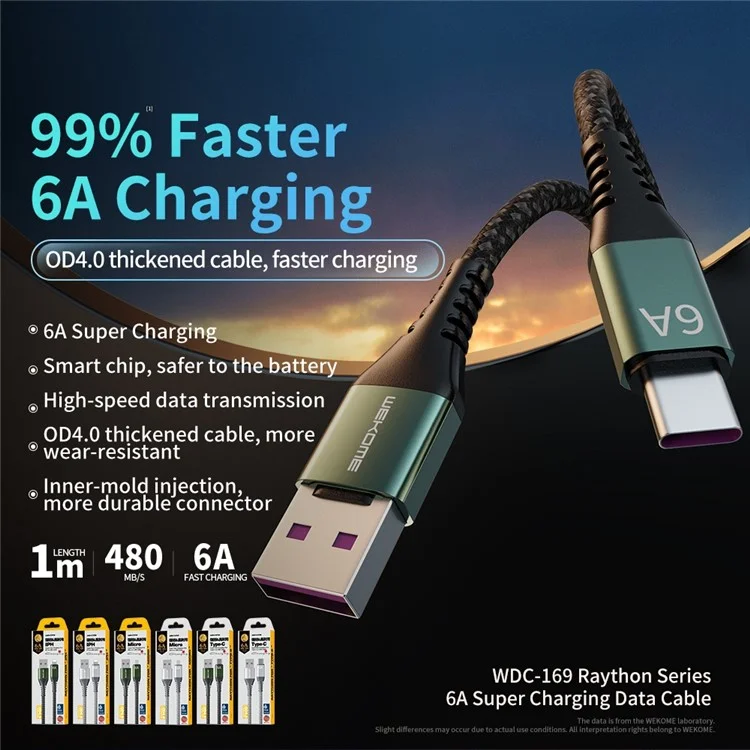 WEKOME Raython Series WDC-169 1m 6A Super Carregamento Cabo de Dados USB para Tipo-C 480Mbps Transmissão de Dados Cordão - Prata