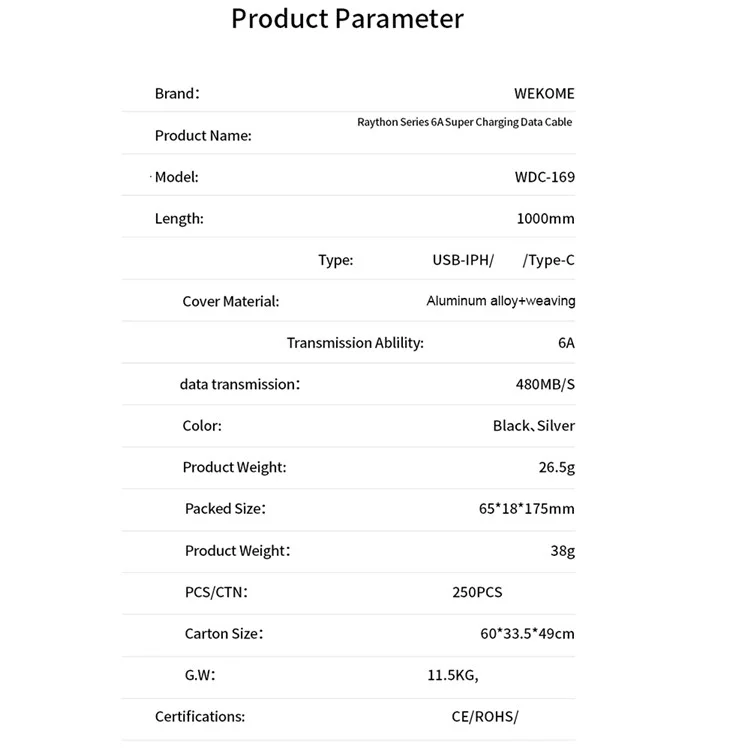 Série Wekome Raython WDC-169 1m 6A Super Charging Data Cable USB Para Tipo c 480Mbps Cordão de Transmissão de Dados - Prata