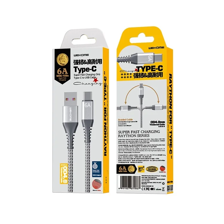 WEKOME Raython Series WDC-169 1m 6A Super Carregamento Cabo de Dados USB para Tipo-C 480Mbps Transmissão de Dados Cordão - Prata