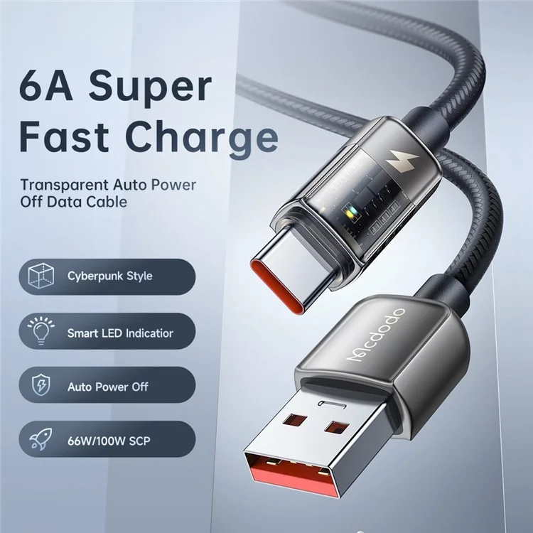 MCDODO CA-3150 MDD Câble de charge rapide transparent 6A 1,2 m en nylon tressé avec fonction d'arrêt automatique