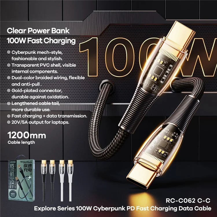 Remax Explore Series Cyberpunk PD Câble de Charge Rapide 100W Type-C à Type-C Data Transmission Cordon - le Noir