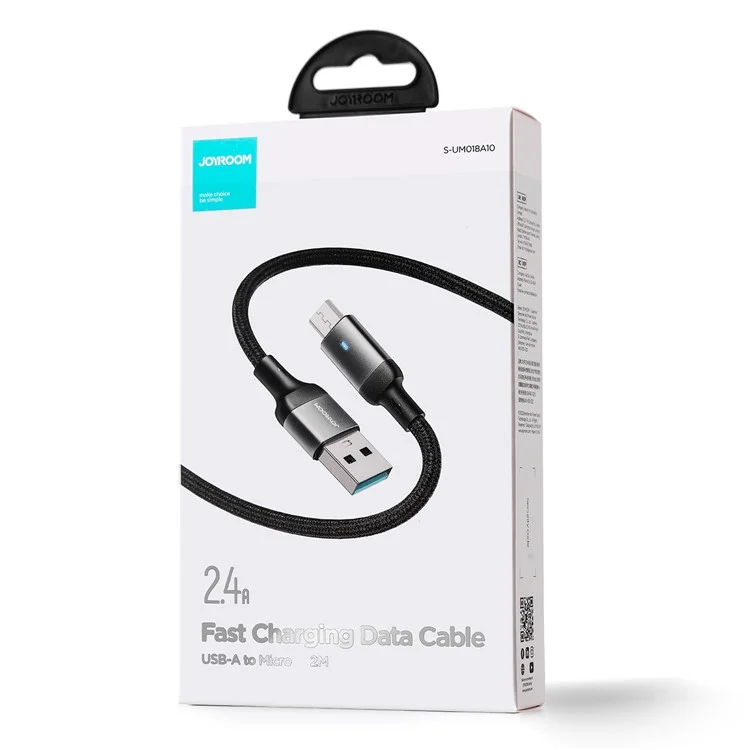 JOYROOM S-UM018A10 Feifan Series 2m Lengthened USB-A to Micro 2.4A Fast Charging Cord Braided Data Transfer Cable with Indicator Light - Black