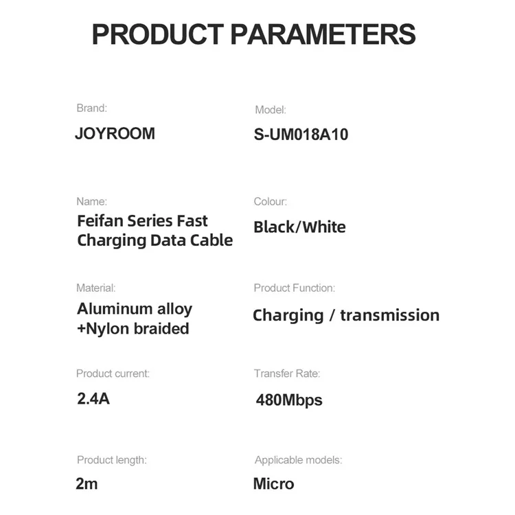 JOYROOM S-UM018A10 Feifan Series 2m Lengthened USB-A to Micro 2.4A Fast Charging Cord Braided Data Transfer Cable with Indicator Light - Black