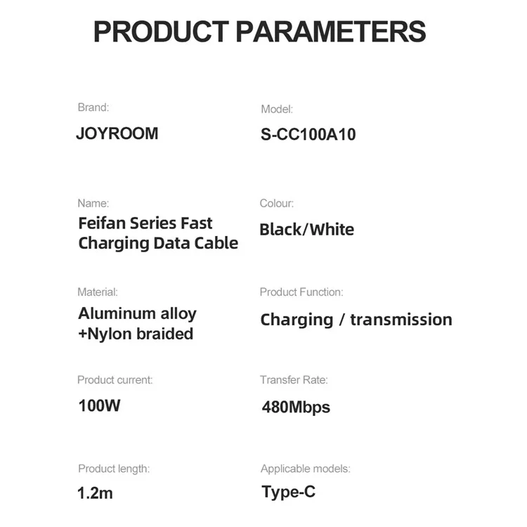 Joyroom S-CC100A10 Feifan Serie 1.2m 100W Tipo-c a Tipo-c Cable de Carga Rápida Trenzada Cable de Datos de 480Mbps - Negro