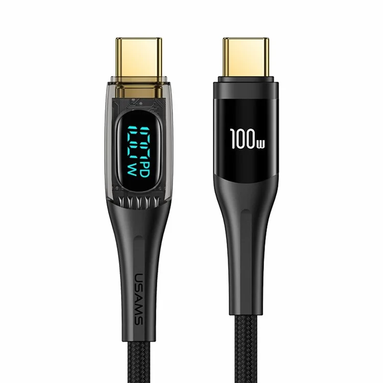 USAMS US-SJ590 1.2m Shadow Series for iPhone 15 Series Type-C To Type-C PD 100W Transparent Digital Display Fast Charging Cable - Black