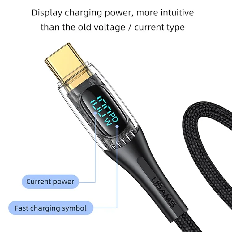 USAMS US-SJ590 Série Shadow 1,2 m pour iPhone Série 15 Type-C vers Type-C PD 100 W Câble de charge rapide avec affichage numérique transparent - Noir