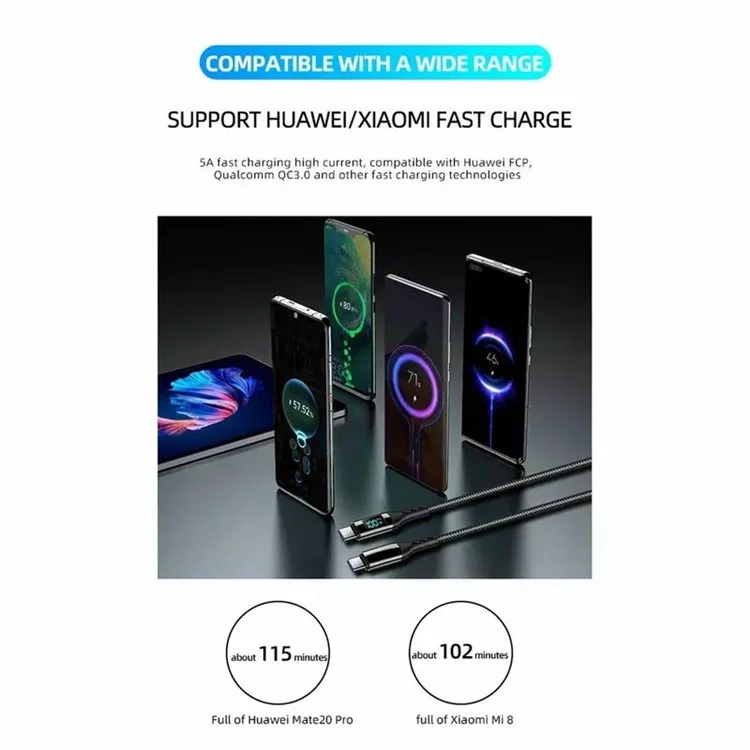 Für iPhone 15 Serie 1m USB Typ-C auf Typ-C PD 100W 5A Schnellladekabel mit LED-Leistungsanzeige