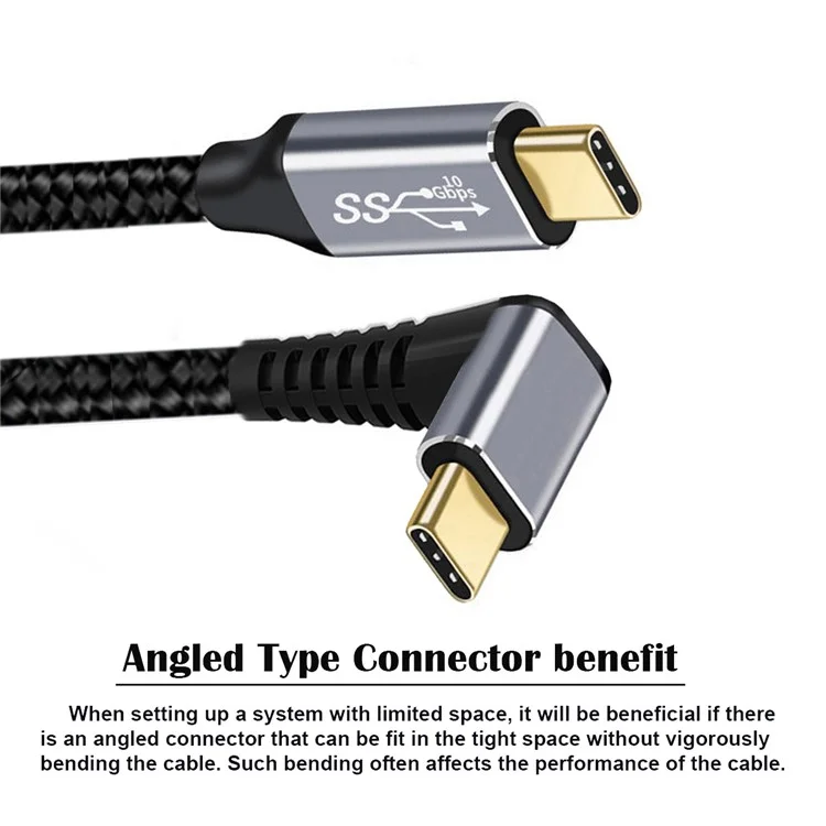 UC-064-UP-3.0M 90-Degree Angled Type-C Male to Male USB3.1 10Gbps Braided Data Cable E-marker Chip 100W Fast Charging Cable