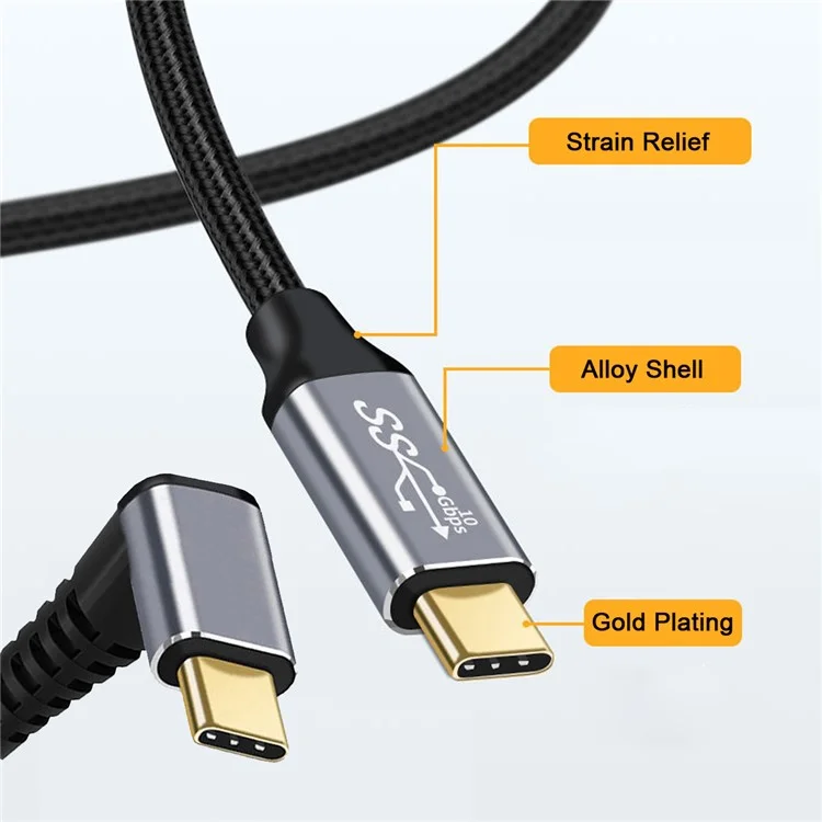UC-064-UP-3.0M 90-Degree Angled Type-C Male to Male USB3.1 10Gbps Braided Data Cable E-marker Chip 100W Fast Charging Cable