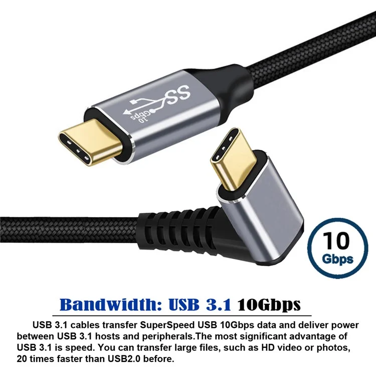 UC-064-UP-3.0M 90-Degree Angled Type-C Male to Male USB3.1 10Gbps Braided Data Cable E-marker Chip 100W Fast Charging Cable