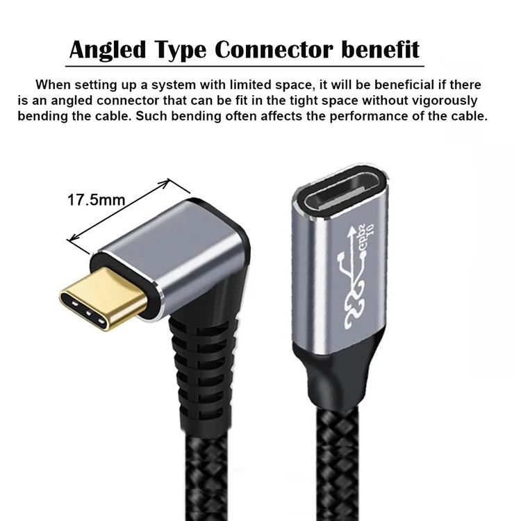 UC-058-UP-0.5M 90-Degree Angled USB-C USB 3.1 Type-C Male to Female Extension Data Cable Aluminum Alloy Connector Braided Cord