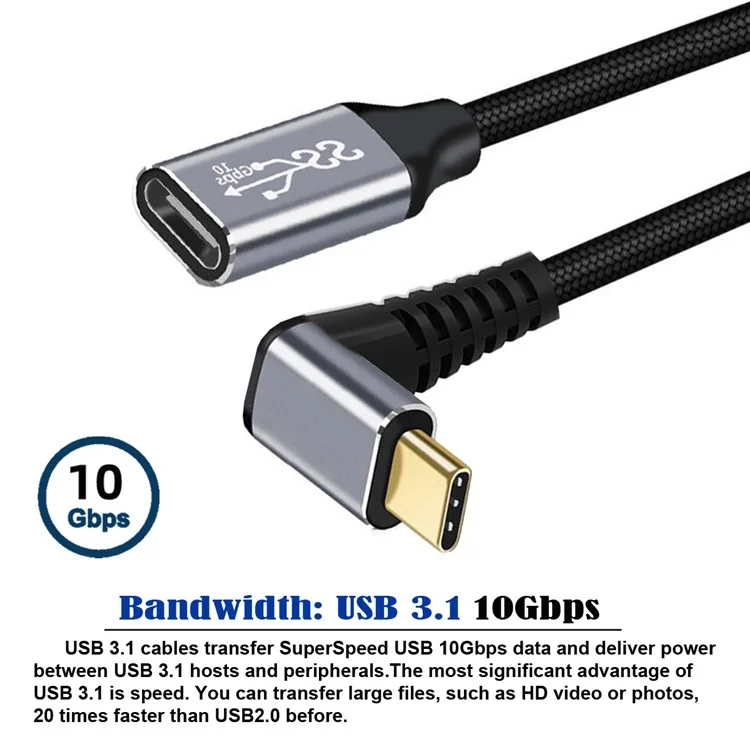 UC-058-UP-0.5M 90-Degree Angled USB-C USB 3.1 Type-C Male to Female Extension Data Cable Aluminum Alloy Connector Braided Cord