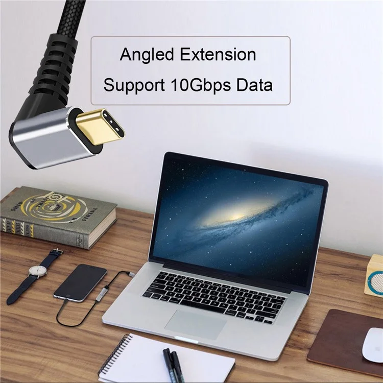 UC-058-UP-0.5M 90-Degree Angled USB-C USB 3.1 Type-C Male to Female Extension Data Cable Aluminum Alloy Connector Braided Cord