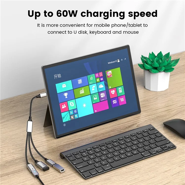 Адаптер-концентратор с двумя портами Type-C и одним портом USB 2.0 с поддержкой OTG и быстрой зарядки до 60 Вт для MacBook, ноутбуков